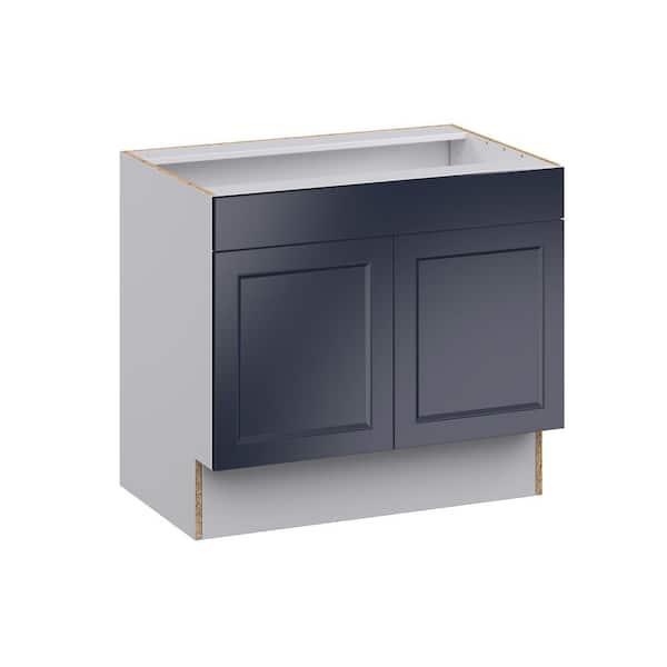 J Collection Devon 33 in. W x 24 in. D x 34.5 in. H Painted Blue Shaker Assembled Sink Base Kitchen Cabinet