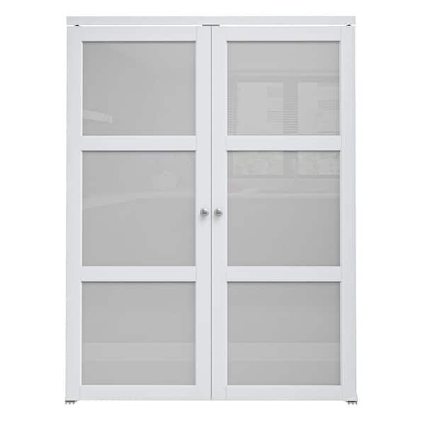 60 in. x 80 in. Frosted Glass Solid Core MDF Closet Bi-Fold Door Plus French Style Pivot Hardware (3-Lite White Finish)