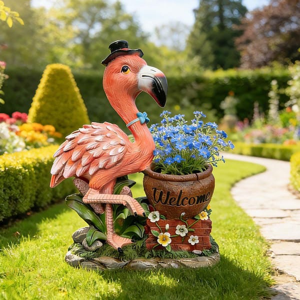 VAMOP Pink Resin Flamingo Garden Statue with Welcome Sign and Top