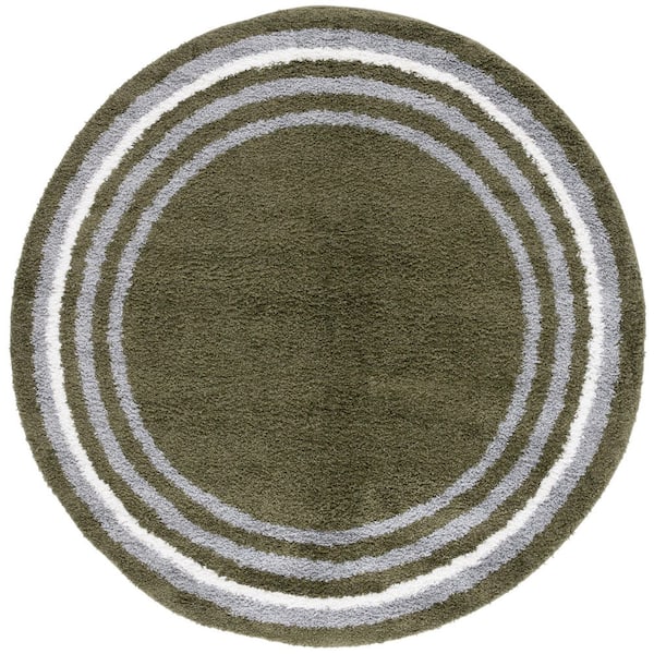 SAFAVIEH Border and Stripe Shag 7 ft. x 7 ft. Green Concentric Border Round Area Rug