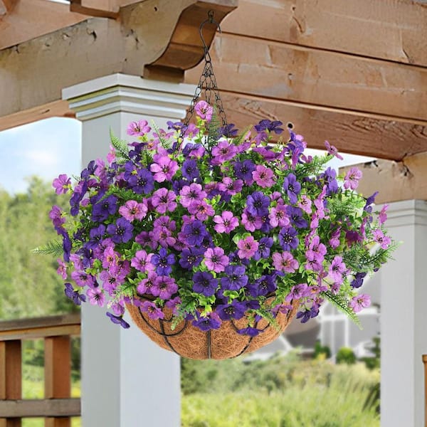19 in. Double Purple Outdoor Artificial Daisy Flowers Hanging