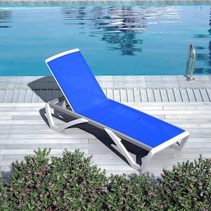 Outdoor Chaise Lounge with Table Set with Blue Textilene Fabric Aluminum Frame Set of 2
