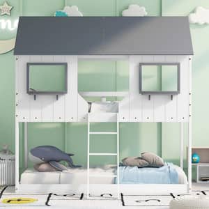 Twin Over Twin House Bunk Beds for Kids, Wood Floor Bunk Bed with 2 Front Windows and Roof, White