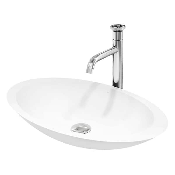 VIGO Matte Stone Wisteria Composite Oval Vessel Bathroom Sink in White with Cass Faucet and Pop-Up Drain in Chrome