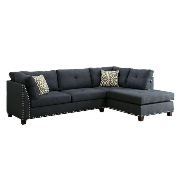Benjara 104 in. Flared Arm 2-Piece Fabric L Shaped Sectional Sofa in Blue with Nailhead Trim