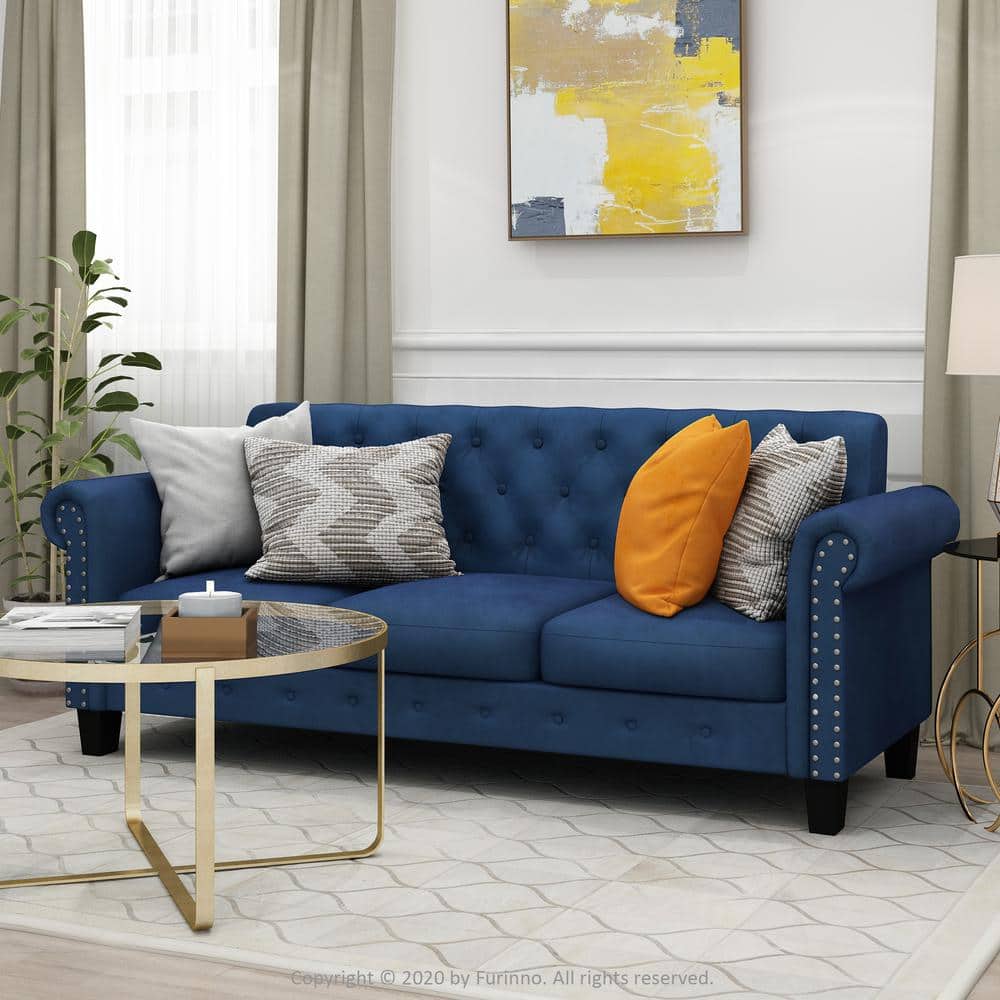 Navy Velvet Tufted Chesterfield 3-Seater Sofa with Nailhead Trim