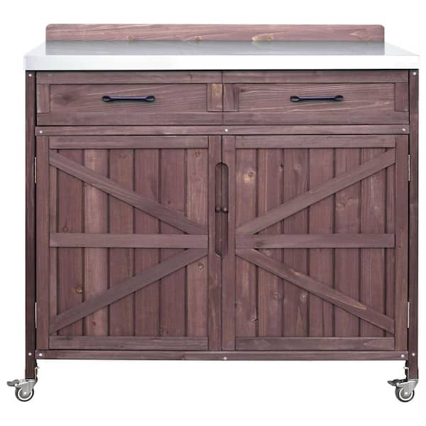 Outdoor Kitchen Island with Stainless Table Top, Adjustable Shelves, Internal Storage Racks and 4 Wheels in Dark Brown