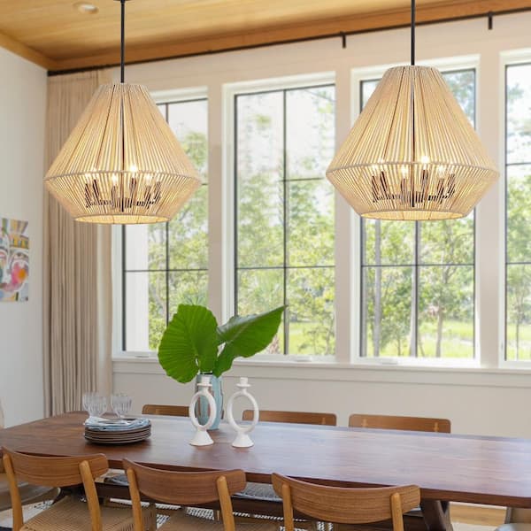 TRUE FINE 21 in. 6-Light Rattan Pendant Chandelier Light with