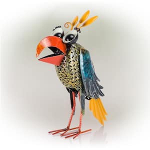 12 in. Tall Outdoor Metal Wide-Eyed Bird Standing Yard Statue Decoration, Multicolor