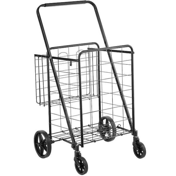 Folding Shopping Kitchen Cart, Jumbo Double Baskets Heavy Duty Utility Cart 110LBS with 360° Swivel Wheels in Black