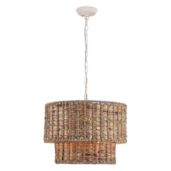5 Light Distressed White Seagrass Beachy Bohemian Drum Chandelier for Living Room Dining Room Bedroom No Bulbs Included