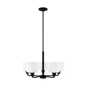 Canfield 5-Light Midnight Black Modern Minimalist Hanging Drum Chandelier with LED Bulbs and Etched White Glass Shades