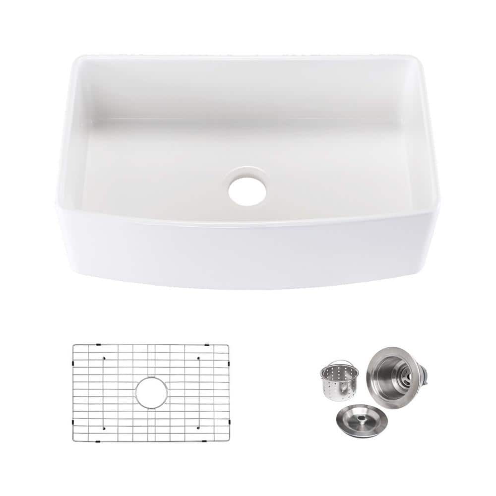 33 in. Farmhouse Single Bowl Arch Edge Apron Front White Fireclay Kitchen S