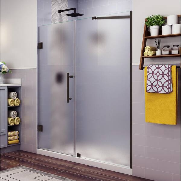 Aston Belmore 60.25 in. to 61.25 in. x 72 in. Frameless Hinged Shower Door with Frosted Glass in Bronze