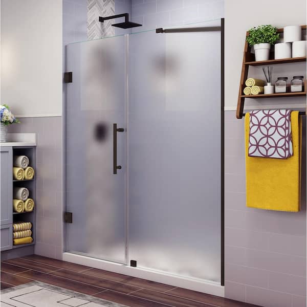 Aston Belmore 68.25 in. to 69.25 in. x 72 in. Frameless Hinged Shower Door with Frosted Glass in Bronze