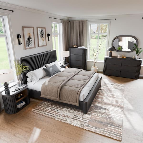 Eastbrook 6-Piece Modern Black Acacia Wood King Bedroom Set with Motion Night Light Nightstands