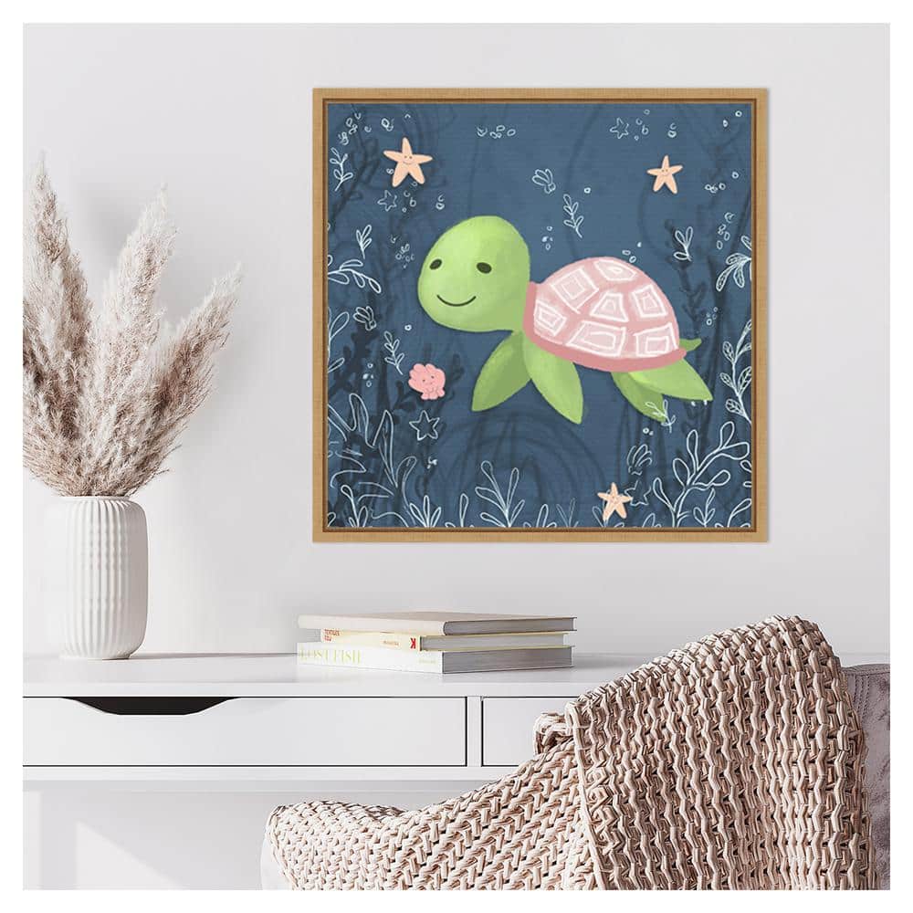 Seahorse and Turtle Blue II Canvas Wall Art with Maple Frame