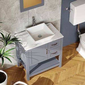 30 in. W x 18.5 in. D x 36 in. H Sink Freestanding Bath Vanity in Gray w/White Marble Pattern Top Mirror Faucet&Drain