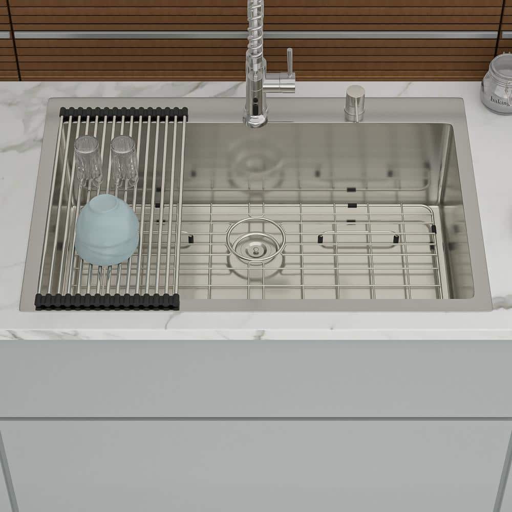33 in. Drop-In Single Bowl 16-Gauge Brushed Nickel Stainless Steel Kitchen Sink with Bottom Grids price history on PriceWatchPro