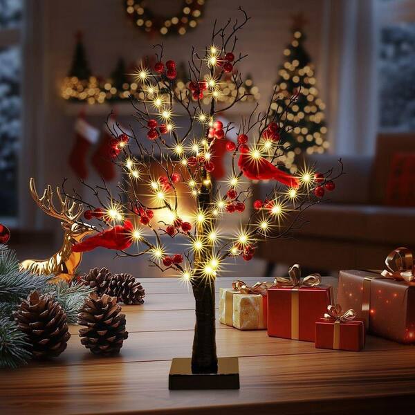 2 ft. Artificial Vintage Glowing Table Tree with Cardinals