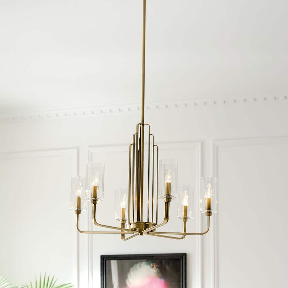 Art Deco Brushed Brass 6-Light Chandelier with Etched Clear Glass