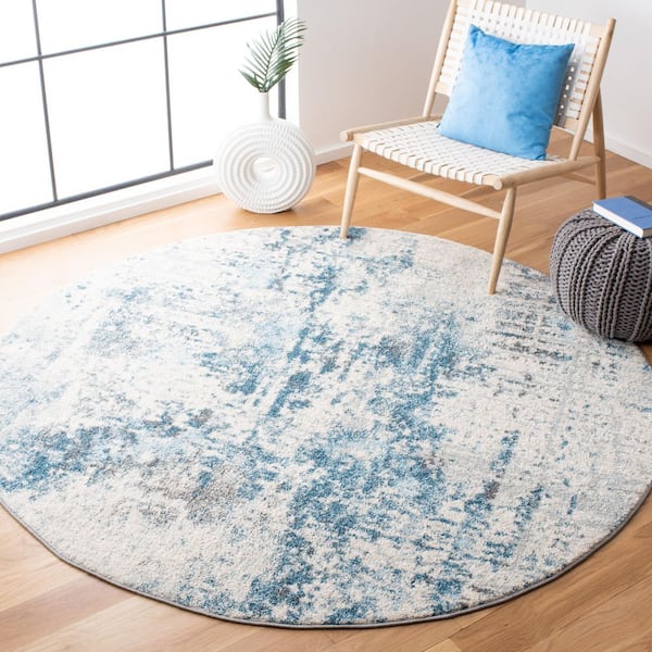 Tulum 7 ft. x 7 ft. Round Ivory/Blue Distressed Rustic Area Rug