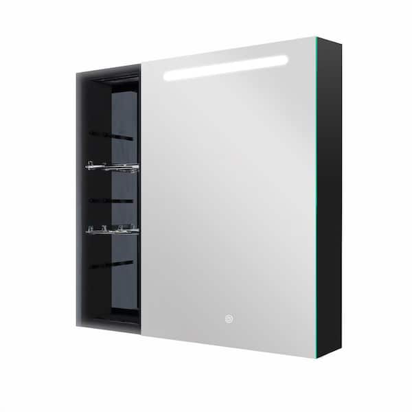 Unbranded 30 in. W x 30 in. H Rectangular Black Aluminum Surface Mount Medicine Cabinet with Mirror and Open Shelves Right Open