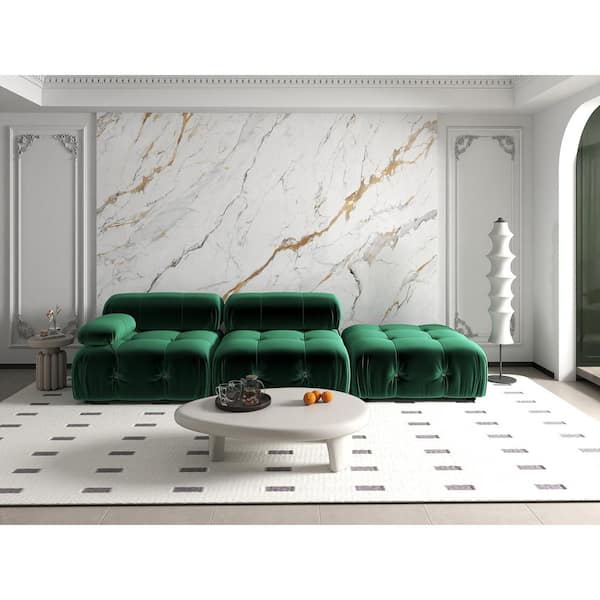 103.9 in. W Square Arm Velvet Rectangle Sofa with Removable Ottoman in Green