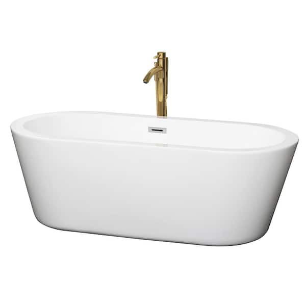 Wyndham Collection Mermaid 67 in. Acrylic Flatbottom Bathtub in White with Polished Chrome Trim and Brushed Gold Faucet
