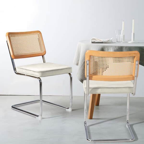 Zeus & Ruta Outdoor Metal Lounge Chair With Beige Cushion, Chrome Metal Base, Natural Rattan Backrest Set of 2