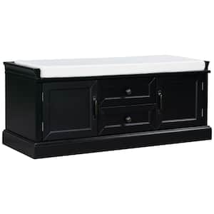 Deel18 in. H x 16in. W Black Wood Rectangle Shoe Storage Bench with 2 drawers，2 cabinet and Removable Cushion