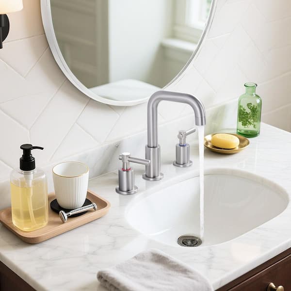 3 Hole 8 in. Widespread Double Handle High Arc Bathroom Faucet with Drain Kit Included and Supply Line in Brushed Nickel