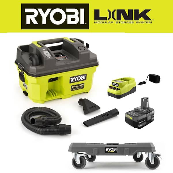 RYOBI LINK Rolling Base with ONE+ 18V LINK Cordless 3 Gal. Wet/Dry Vacuum Kit with 4.0 Ah Battery and 18V Charger