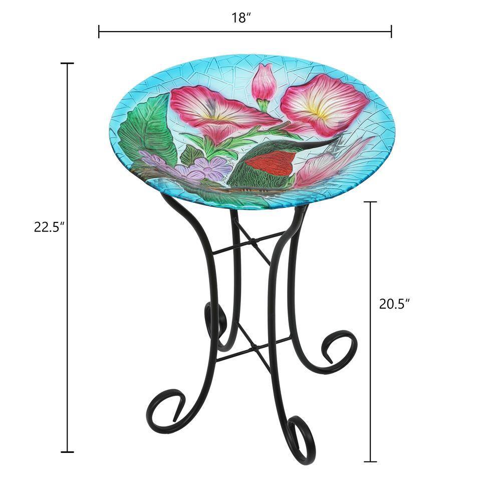 Hummingbird Floral Glass Birdbath with Metal Stand