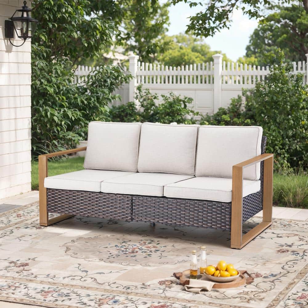 Brown Wicker Outdoor Couch, Rattan 3-Seat Sofa with Wood-Looking Metal Armrest with Beige Cushions for Garden Backyard price history on PriceWatchPro