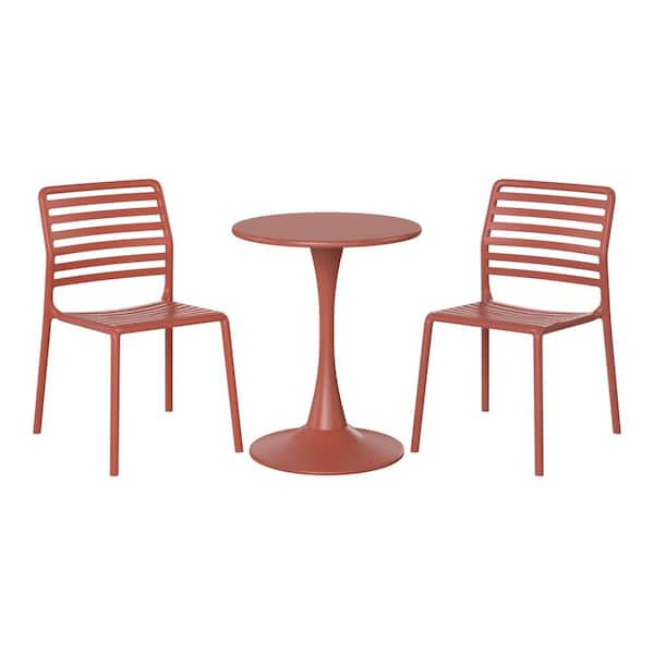 WESTIN OUTDOOR Frond and Form Outdoor Patio Modern 3-Piece Round HDPE Plastic Bistro Dining Set with Stackable Chairs, Red