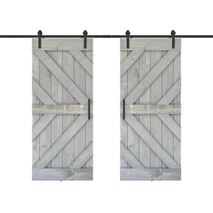Triple KR 56 in. x 84 in. Fully Set Up Weather Grey Finished Pine Wood Sliding Barn Door with Hardware Kit