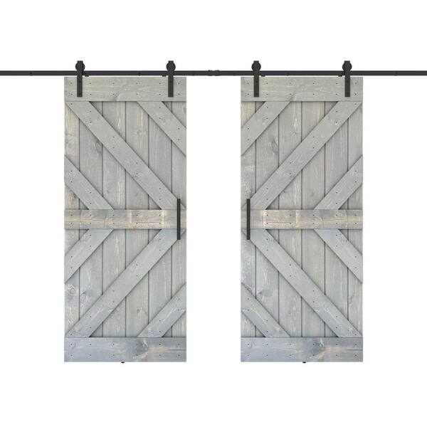 Dessliy Triple KR 56 in. x 84 in. Fully Set Up Weather Grey Finished Pine Wood Sliding Barn Door with Hardware Kit