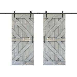 Triple KR 60 in. x 84 in. Fully Set Up Weather Grey Finished Pine Wood Sliding Barn Door with Hardware Kit