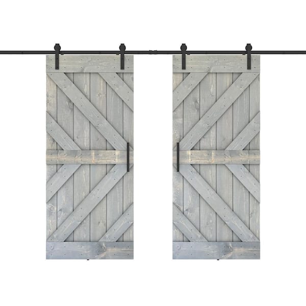 Dessliy Triple KR 72 in. x 84 in. Weather Grey Finished Pine Wood Sliding Barn Door with Hardware Kit (DIY)