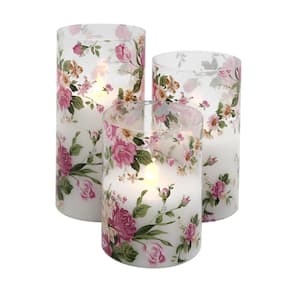 Battery Operated Glass Hurricanes with Pink Floral Design - Set of 3