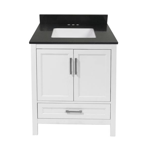 Amluxx Salerno 25 in. W x 19 in. D Bath Vanity in White with Quartz Stone Vanity Top in Galaxy Black with White Basin
