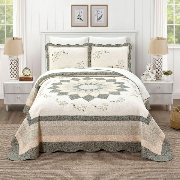 Modern Heirloom Harper Green Floral Embroidered Full Cotton Bedspread