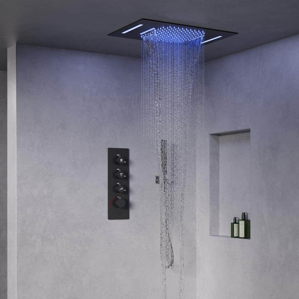 GRANDJOY LED Thermostatic Valve 7-Spray Ceiling Mount 23*15 in. Fixed and Handheld Shower Head 2.5 GPM in Matte Black