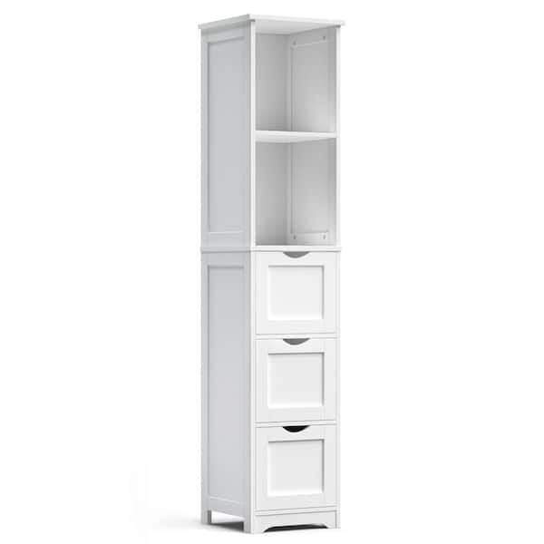 Tileon 12 in. W x 13 in. D x 58 in. H White Wood Linen Cabinet, Floor Cabinet with 3-Drawers and 2-Shelves for Small Space