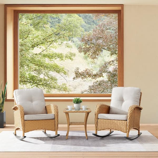 3-Piece Yellow Wicker Patio Conversation Set with Beige Cushions and Coffee Table Flat Handrail Rocking Chairs