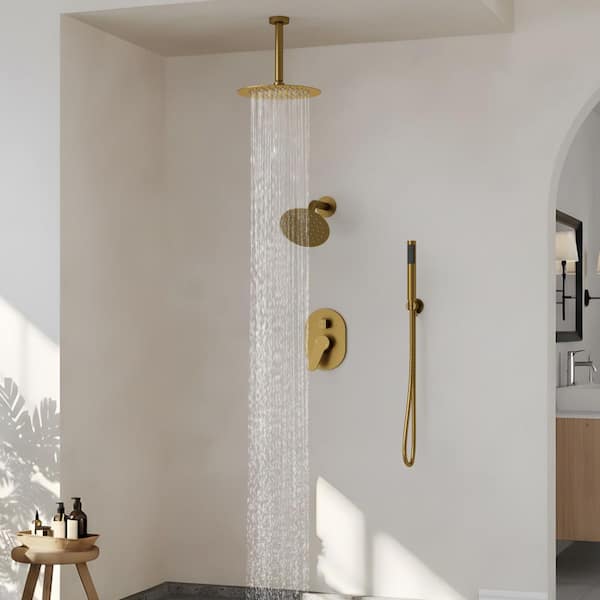Rainspire Double Handles 3-Spray 10 in. and 6 in. Ceiling Mount Shower Faucet with Anti Scald 1.8 GPM in Brushed Gold