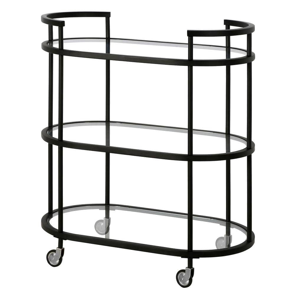 Modern Blackened Bronze 30" Wide Round Bar Cart with Tempered Glass Shelves