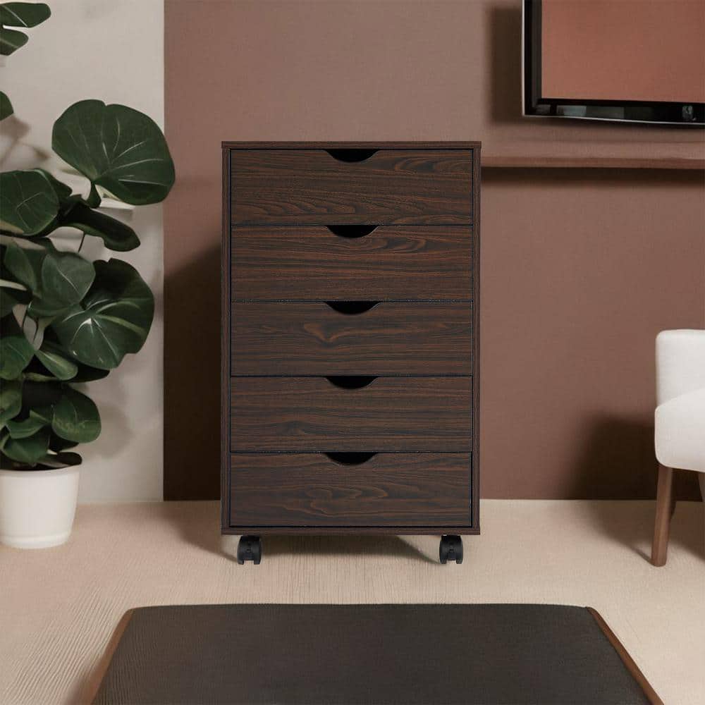 Espresso Dark Wood 5-Drawer Mobile File Cabinet with Casters