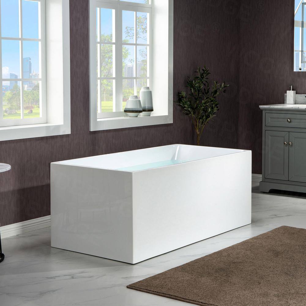 59'' White Acrylic Freestanding Rectangular Soaking Bathtub